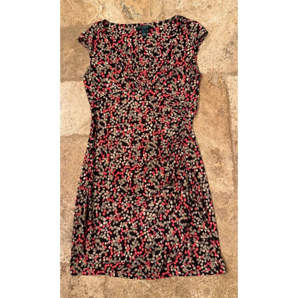 Lauren Ralph Career Women's Dress Size 8 Brown Pink Beige Abstract Print